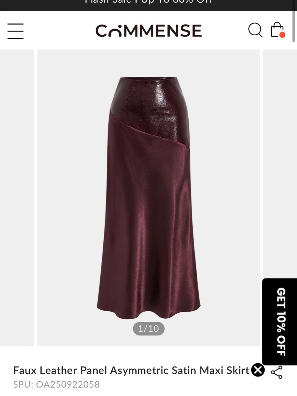 Commense Burgundy Faux Leather-Panel Asymmetric Satin Maxi Skirt